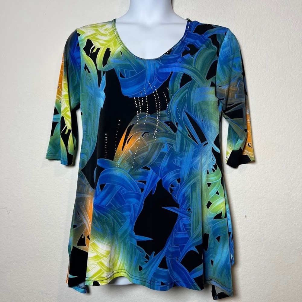 Valentina Abstract Tropical Tunic M Blue Womens Art to Wear Rhinestone Sharkbite
